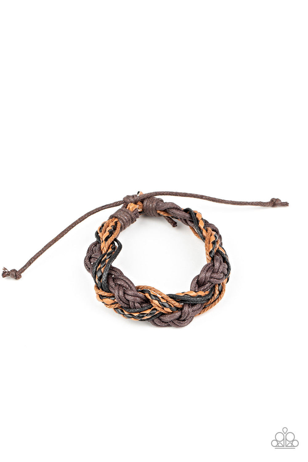 Infused with leather accents, mismatched strands of black, tan, and brown cording weave across the wrist, creating an earthy braid. Features an adjustable sliding knot closure. Sold as one individual bracelet.