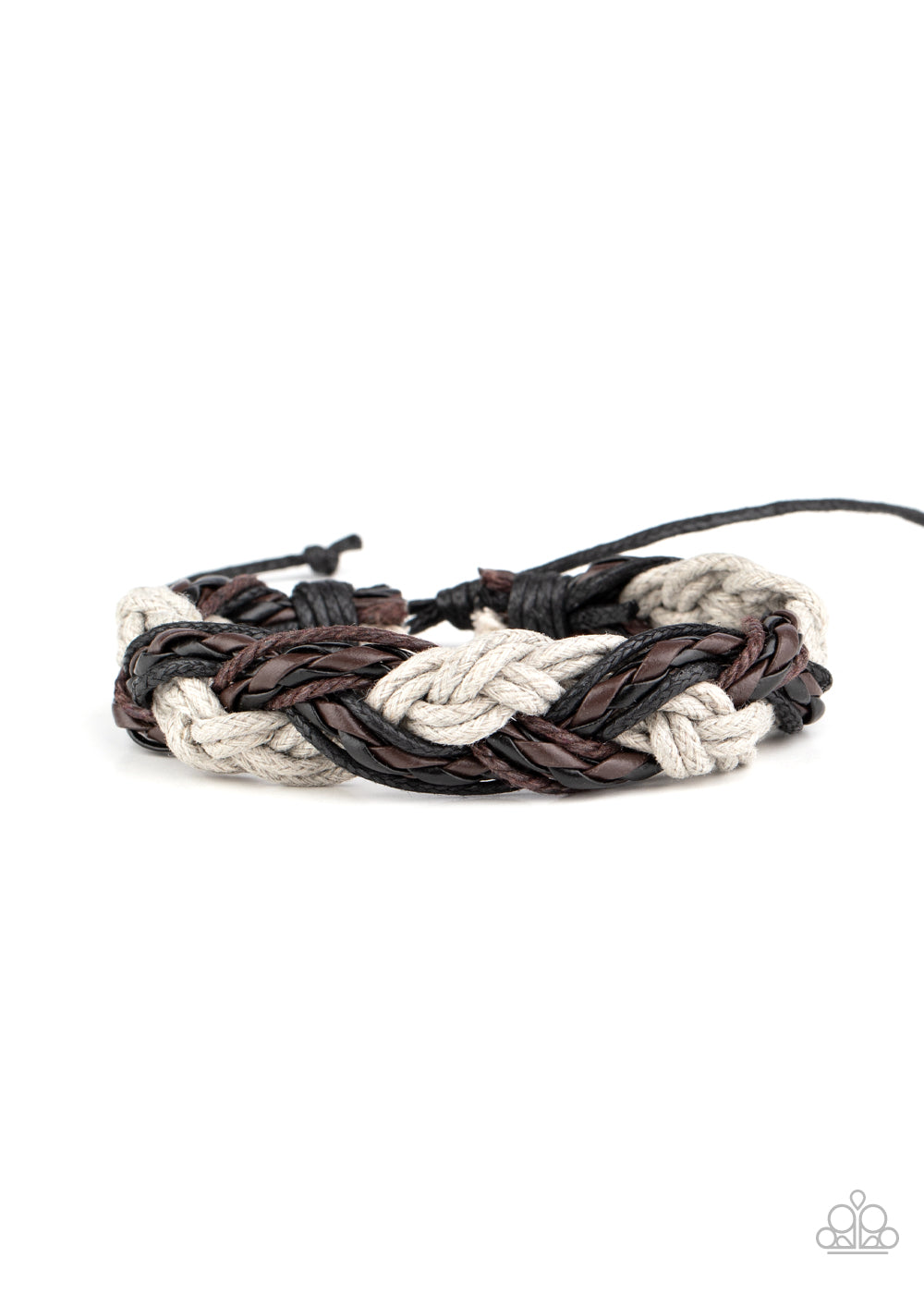 Infused with leather accents, mismatched strands of black, gray, and brown cording weave across the wrist, creating an earthy braid. Features an adjustable sliding knot closure. Sold as one individual.