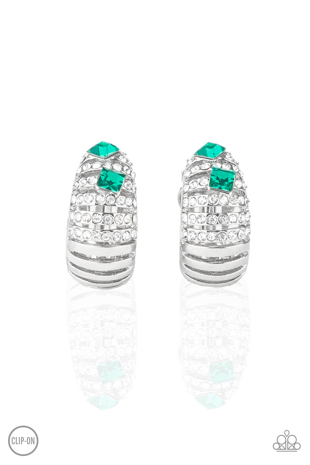 Dotted with a pair of green rhinestones, row after row of white rhinestone encrusted bars fade into a stacked silver frame for a refined flair. Earring attaches to a standard clip-on earrings. Sold as one pair of clip-on earrings.
