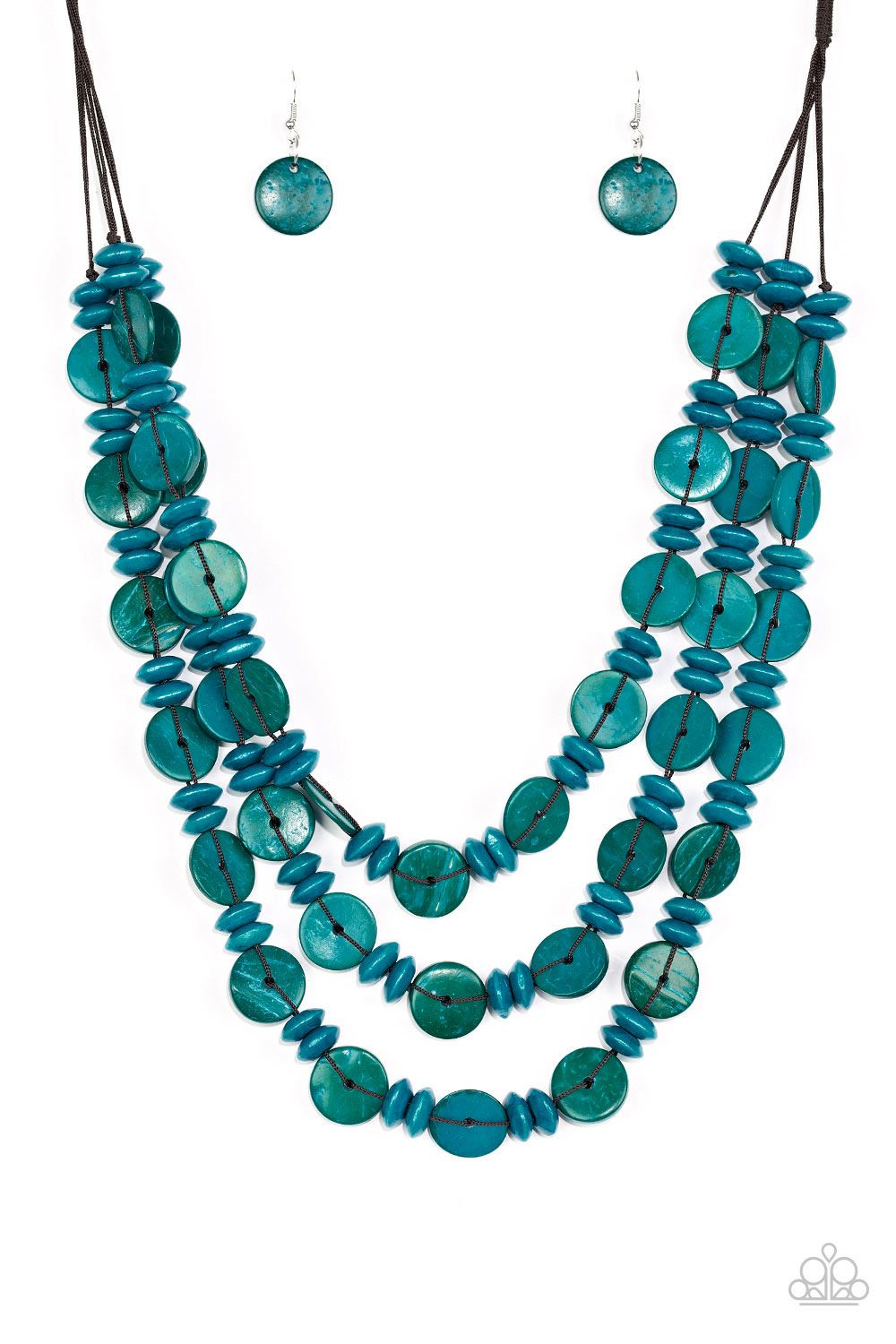 Brushed in a colorful finish, rows of refreshing blue wooden beads and discs are threaded along shiny brown cording for a summery look. Features a button loop closure. Sold as one individual necklace. Includes one pair of matching earrings.