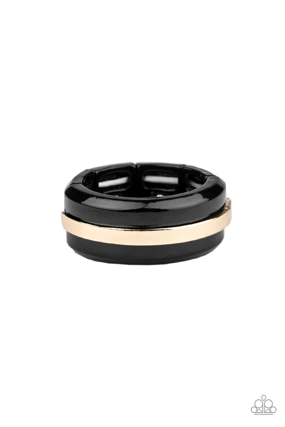 A glistening gold bar arcs across the center of a thick black band for a modern look. Features a stretchy band for a flexible fit. Sold as one individual ring.