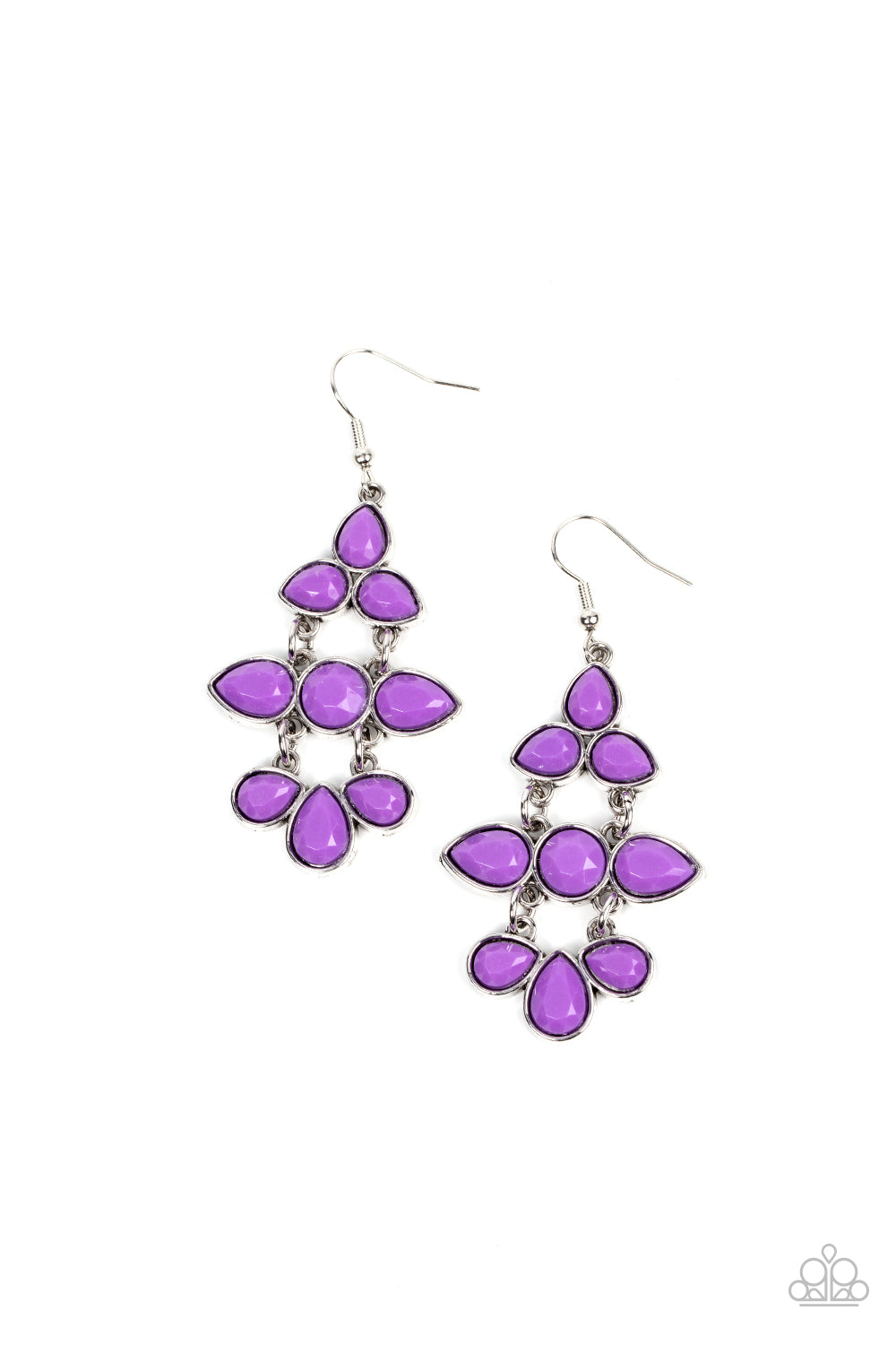 Encased in sleek silver frames, faceted purple teardrop and round beads delicately stack and link into a timelessly tiered chandelier. Earring attaches to a standard fishhook fitting. Sold as one pair of earrings.