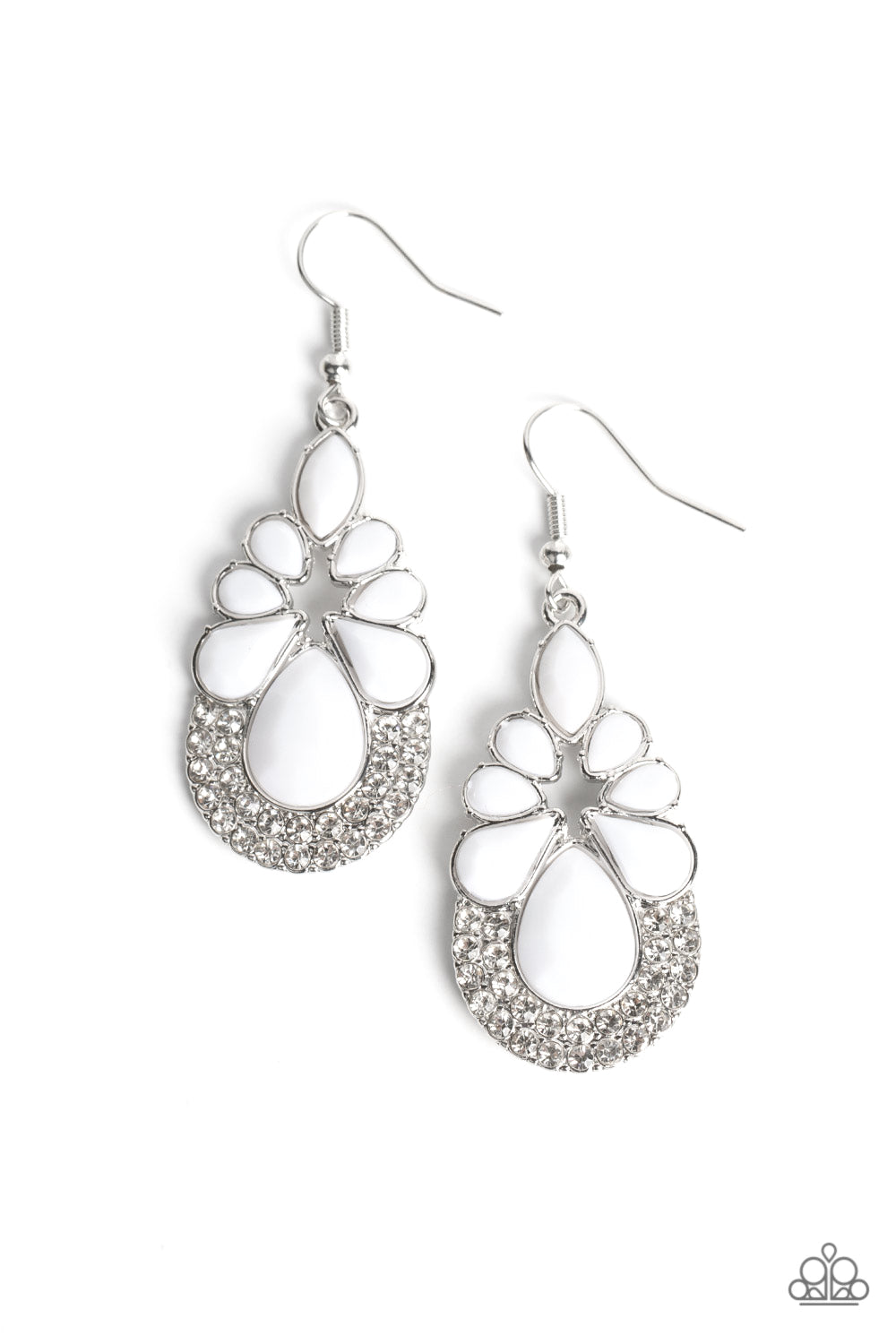 A faceted assortment of teardrop and marquise-shaped beads bloom from a curving frame of glassy white rhinestones, resulting in a colorful lure. Earring attaches to a standard fishhook fitting. Sold as one pair of earrings.