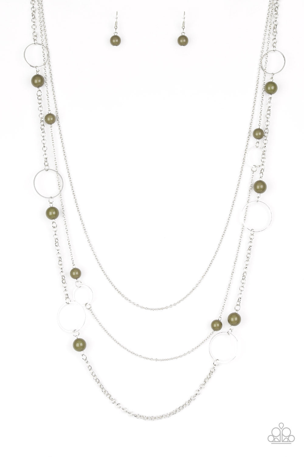 Featuring earthy green beads and shimmery silver hoops, mismatched silver chains layer down the chest for a seasonal look. Features an adjustable clasp closure.
Sold as one individual necklace. Includes one pair of matching earrings.