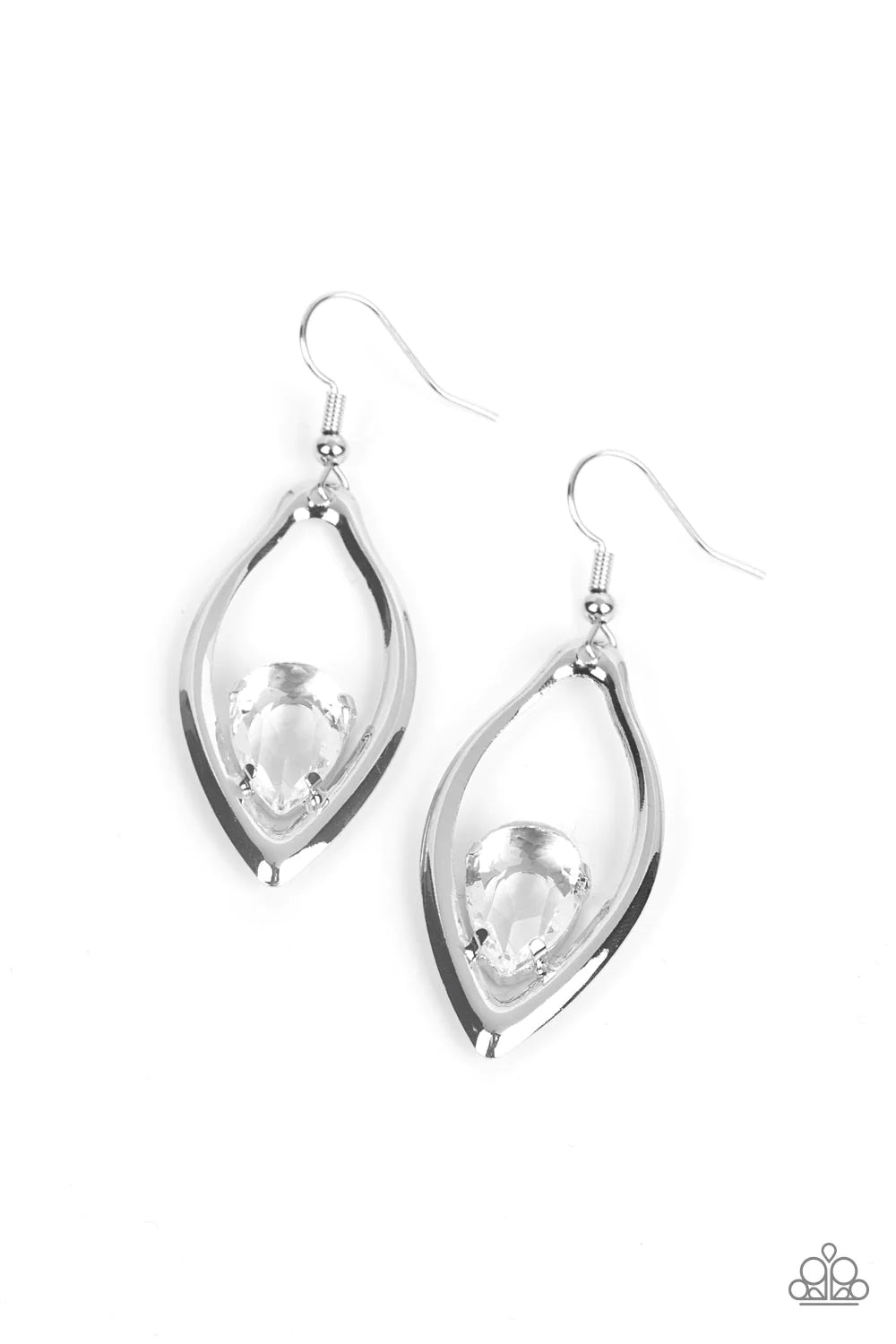 A glassy white teardrop gem is nestled inside the bottom of a warped silver frame, culminating into an edgy sparkle. Earring attaches to a standard fishhook fitting. Sold as one pair of earrings.