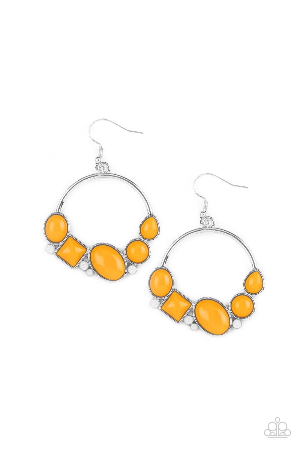 Dainty opalescent white rhinestones are sprinkled between dewy oval, square, and circular orange beads along the bottom of a silver hoop, creating a bubbly pop of color. Earring attaches to a standard fishhook fitting. Sold as one pair of earrings.