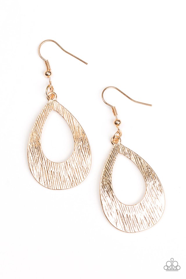 Etched in serrated shimmer, a glistening gold teardrop drips from the ear in a casual fashion. Earring attaches to a standard fishhook fitting. Sold as one pair of earrings.