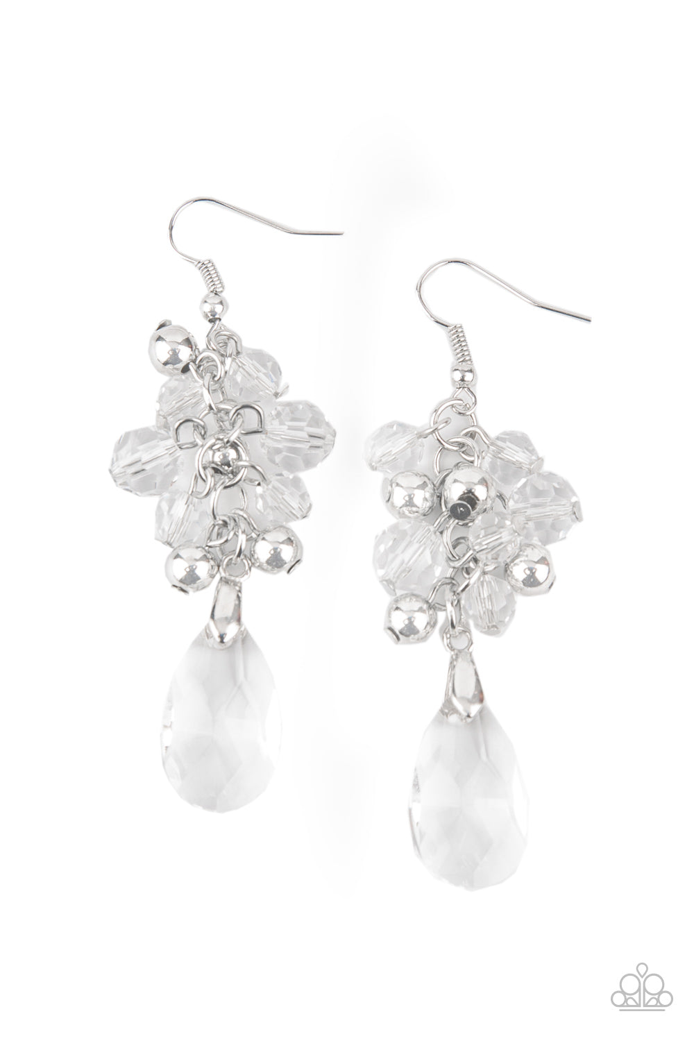 An array of faceted white crystal-like beads and shiny silver beads trickles along a lengthened silver chain, giving way to a matching white crystal-like teardrop for a dramatic chandelier effect. Earring attaches to a standard fishhook fitting. Sold as one pair of earrings.