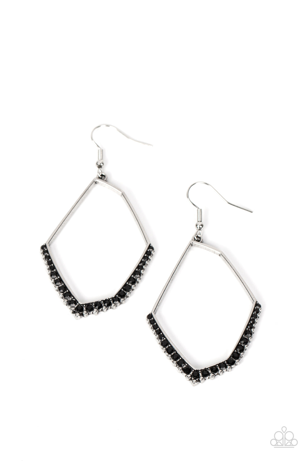A shiny silver bar asymmetrically bends into an abstract geometric shape. Separated by silver studs, a smoldering border of black rhinestones gradually increases in size along the bottom of the frame for an edgy finish. Earring attaches to a standard fishhook fitting. Sold as one pair of earrings.