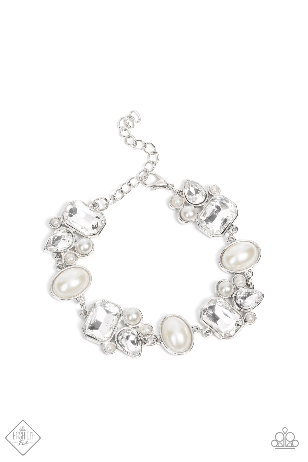 Showstopping teardrop and emerald cut rhinestones, accented with bubbly pearl beads, coalesce into stunning asymmetrical frames. A trio of elegant white oval pearl beads delicately alternate with the asymmetrical renditions for a glamorous finish around the wrist. Features an adjustable clasp closure.
Sold as one individual bracelet.