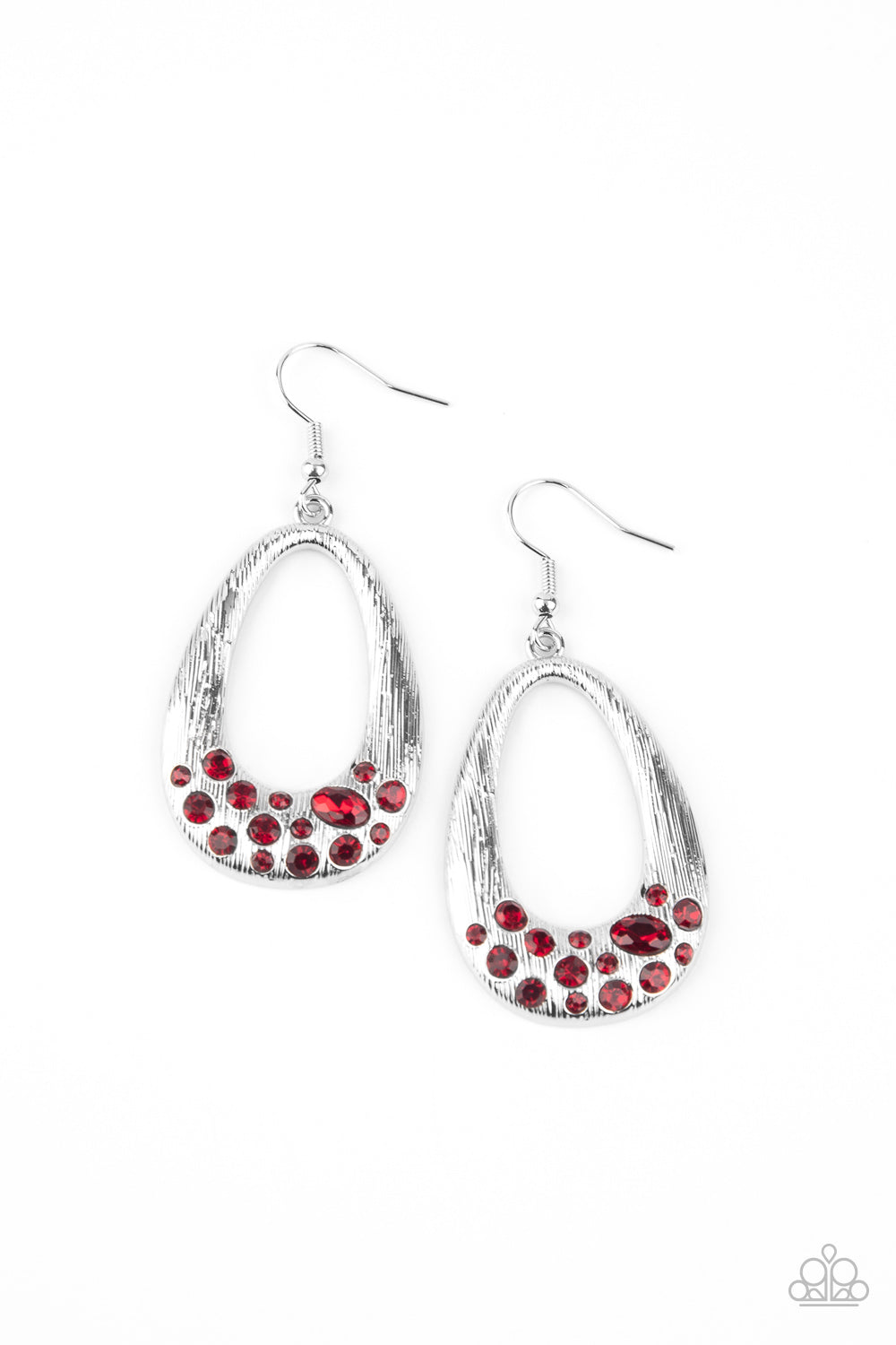A glittery collection of oval and round red rhinestones is encrusted along the bottom of a shimmery silver teardrop featuring a shiny scratched surface for a refined finish. Earring attaches to a standard fishhook fitting. Sold as one pair of earrings.
