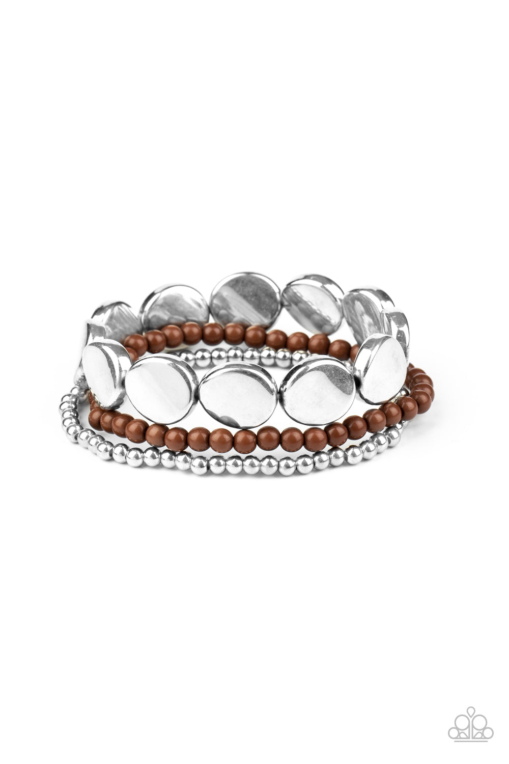 Mismatched silver and brown beads and round silver accents are threaded along stretchy bands, creating colorful layers around the wrist.
Sold as one set of three bracelets.