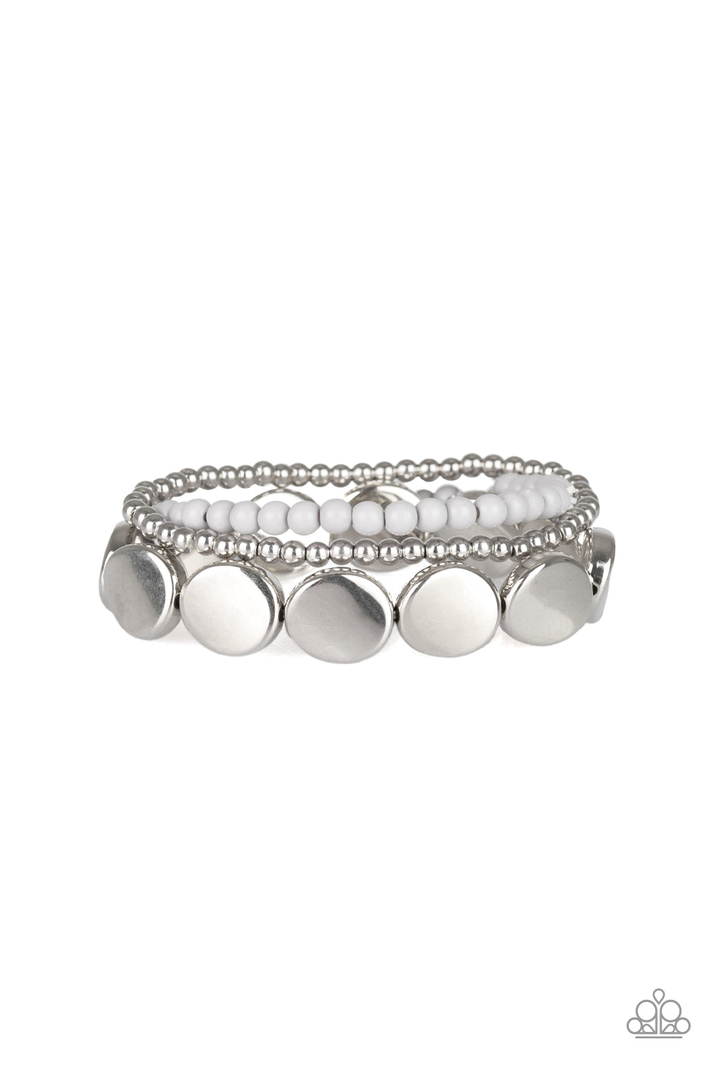 Mismatched silver and gray beads and round silver accents are threaded along stretchy bands, creating colorful layers around the wrist.
Sold as one set of three bracelets.