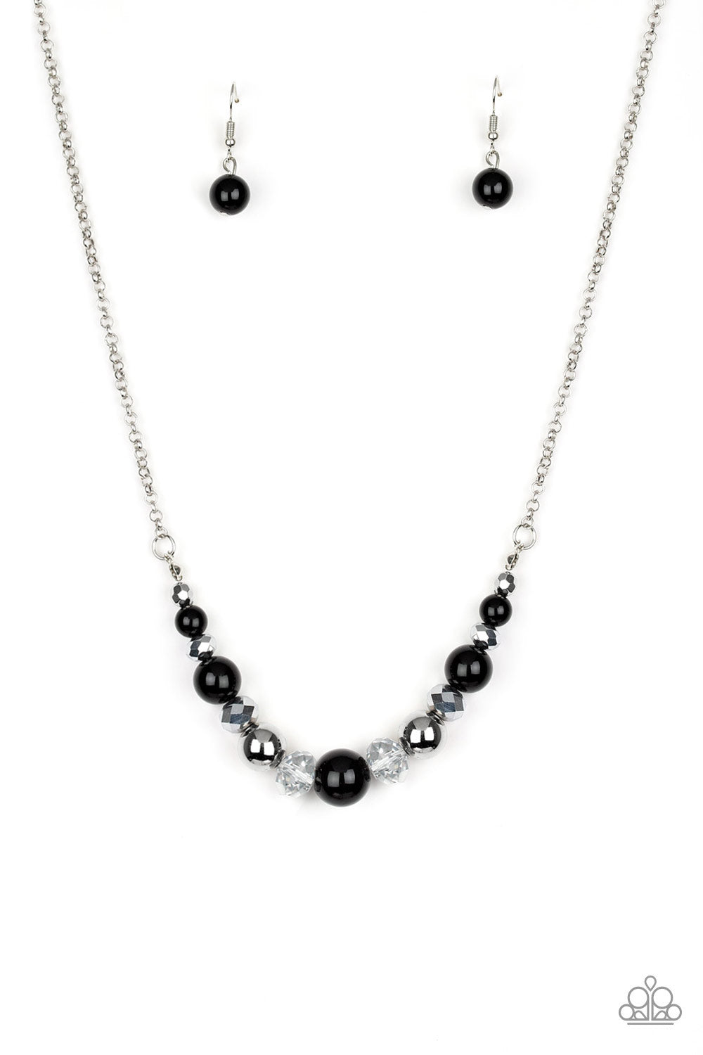 A collection of polished black, classic silver, and crystal-like hematite beads are threaded along an invisible wire below the collar for a glamorous look. Features an adjustable clasp closure. Sold as one individual necklace. Includes one pair of matching earrings.