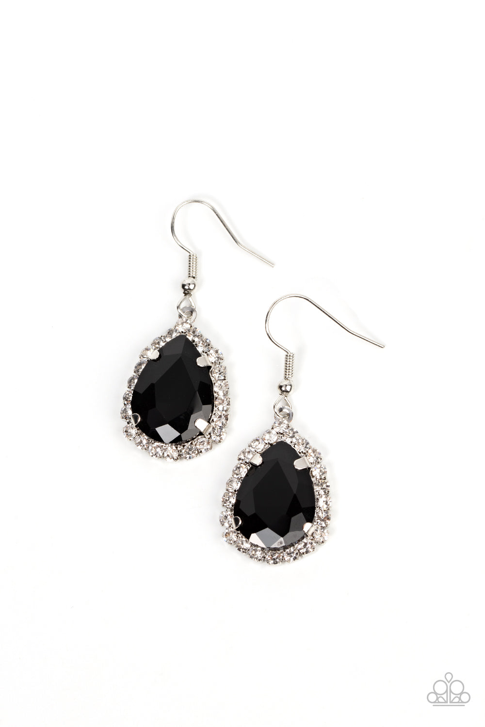 A border of glassy white rhinestones creates a glittery trim around an oversized black teardrop gem, resulting in a stunning centerpiece. Earring attaches to a standard fishhook fitting. Sold as one pair of earrings.