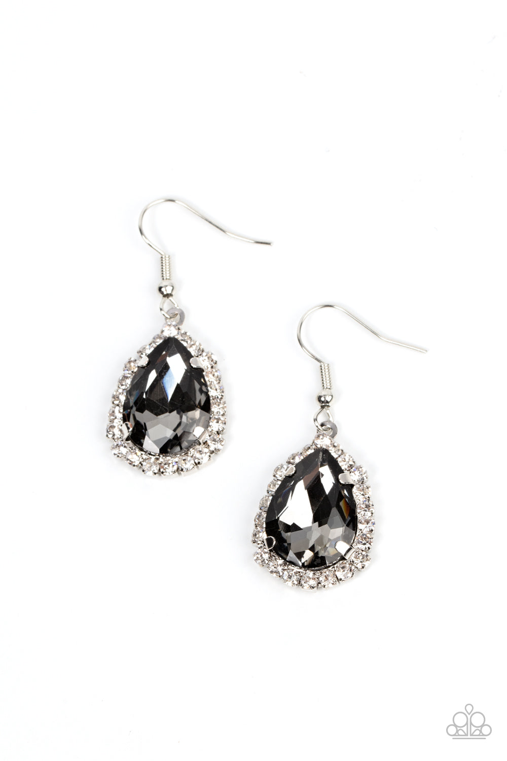 A border of glassy white rhinestones creates a glittery trim around an oversized smoky teardrop gem, resulting in a stunning centerpiece. Earring attaches to a standard fishhook fitting. Sold as one pair of earrings.