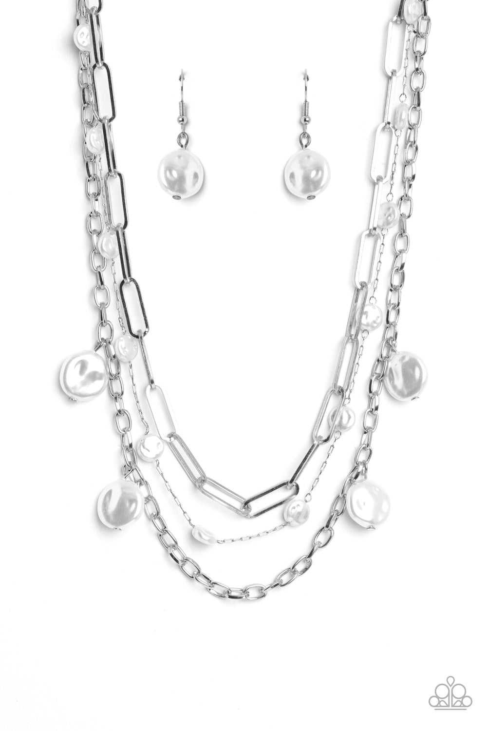 Infused with a dainty silver chain, flattened baroque pearls sporadically trickle along shimmery silver paperclip chains in varying sizes, creating refined layers down the chest. Sporadically hanging from the daintier paperclip chain, oversized pearls in the same flattened finish create an additional light-reflecting sheen. Features an adjustable clasp closure. Sold as one individual necklace. Includes one pair of matching earrings.