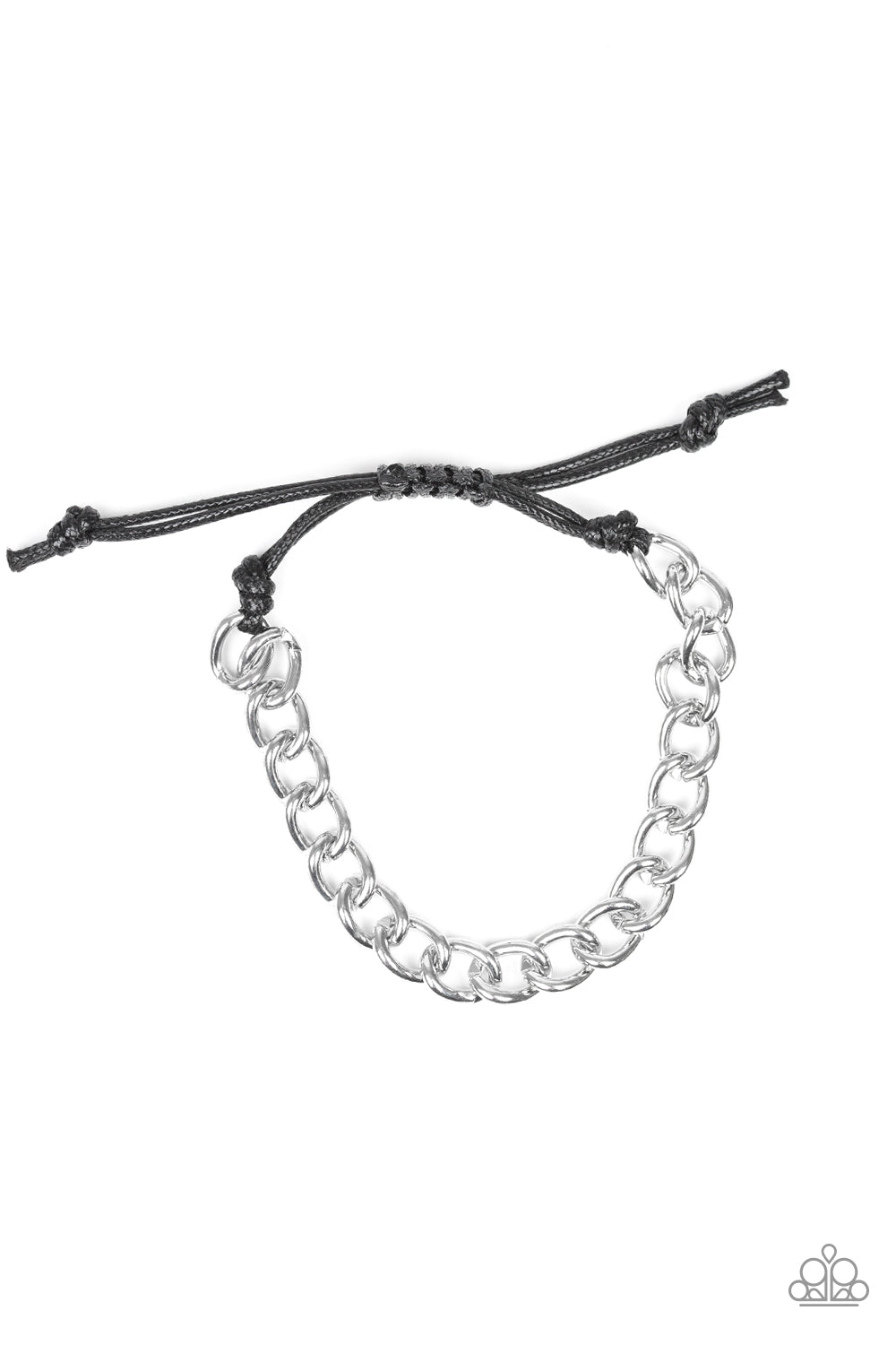 Shiny black cording knots around the ends of an antiqued silver beveled cable chain that is wrapped across the top of the wrist for a versatile look. Features an adjustable sliding knot closure. Sold as one individual bracelet.