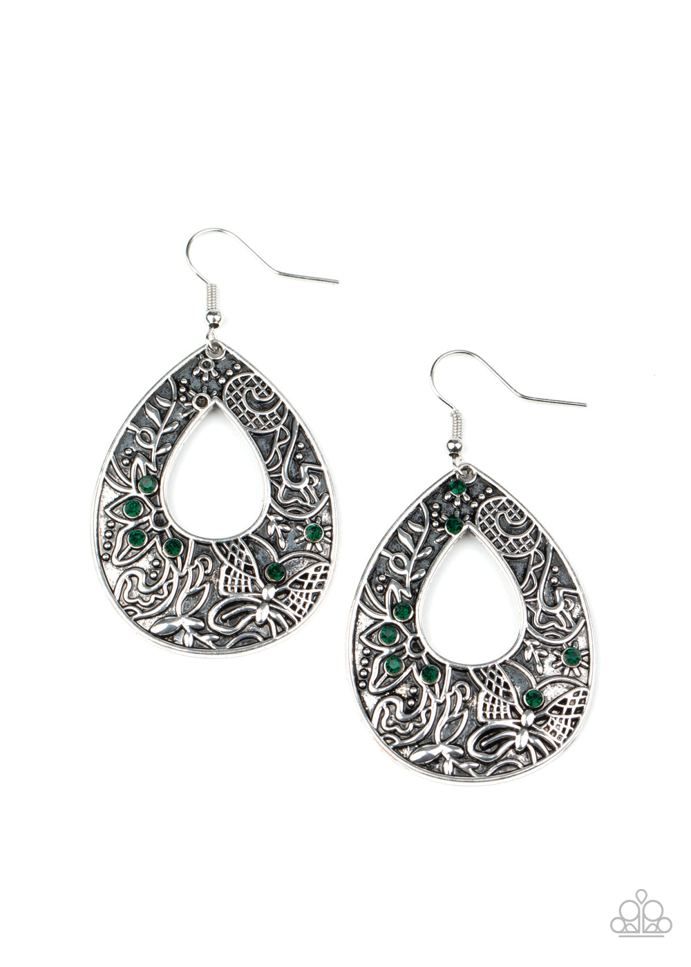 Dotted in dainty green rhinestones, an antiqued silver teardrop is embossed in whimsical butterfly and floral patterns for an enchanted finish. Earring attaches to a standard fishhook fitting. Sold as one pair of earrings.