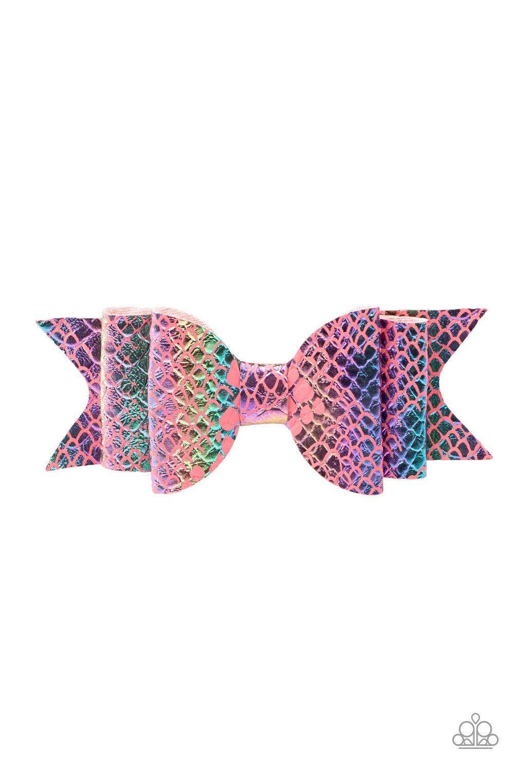 Featuring a rainbow scale pattern, an iridescent piece of leather delicately knots into a mermaid inspired bow. Features a standard hair clip. Sold as one individual hair clip.