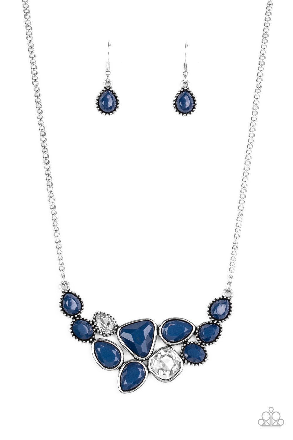 Featuring smooth and studded silver frames, a collection of teardrop, oval, and triangular blue beads coalesce with matching white rhinestones below the collar for a glamorous pop of collar. Features an adjustable clasp closure. Sold as one individual necklace. Includes one pair of matching earrings.