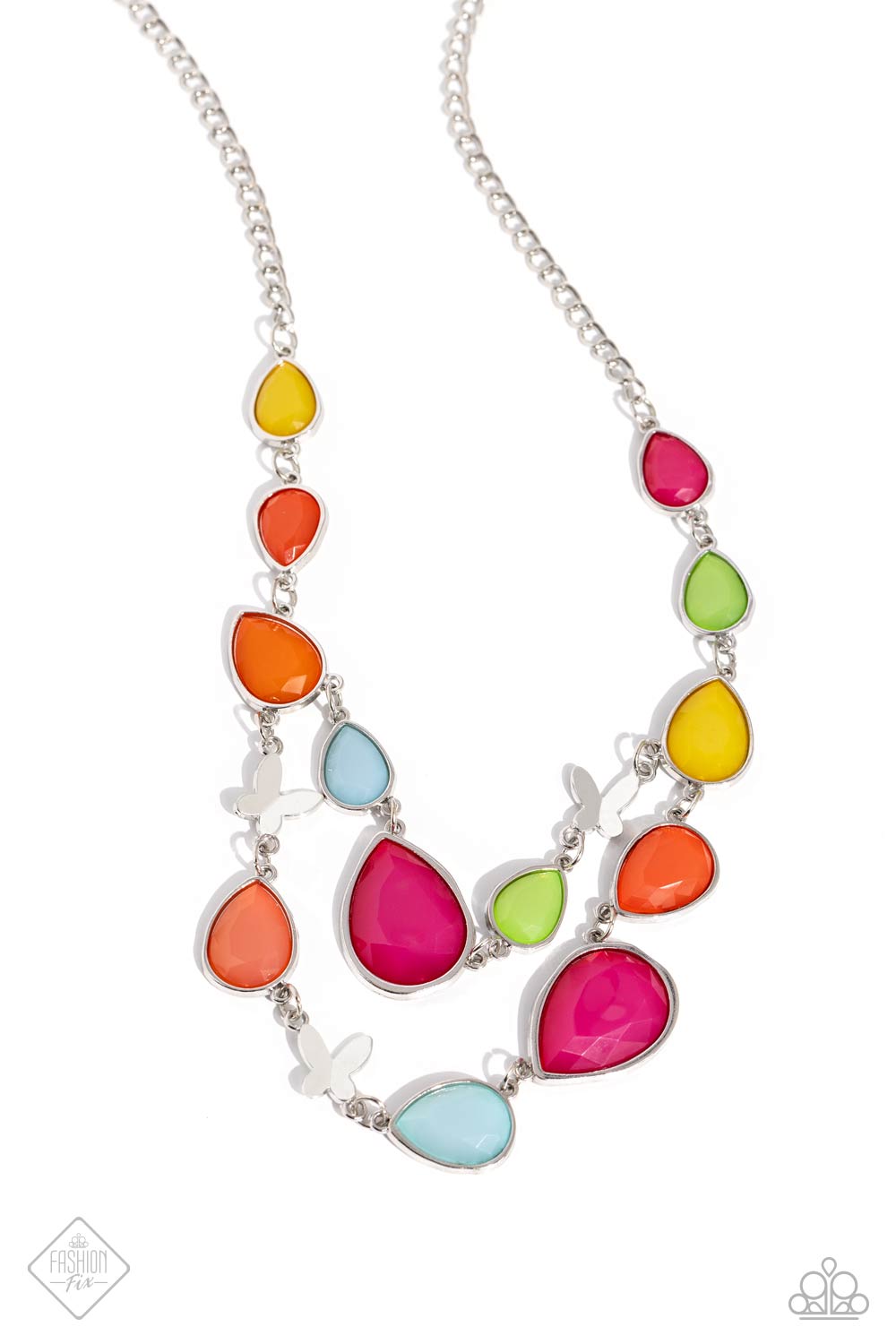 Varying in opacity, faceted Daffodil, orange, Pink Peacock, Waterspout, and Kohlrabi milky teardrop beads join sleek silver butterflies along two silver chains, layering into a whimsical pop of color below the collar. Features an adjustable clasp closure. Sold as one individual necklace. Includes one pair of matching earrings.