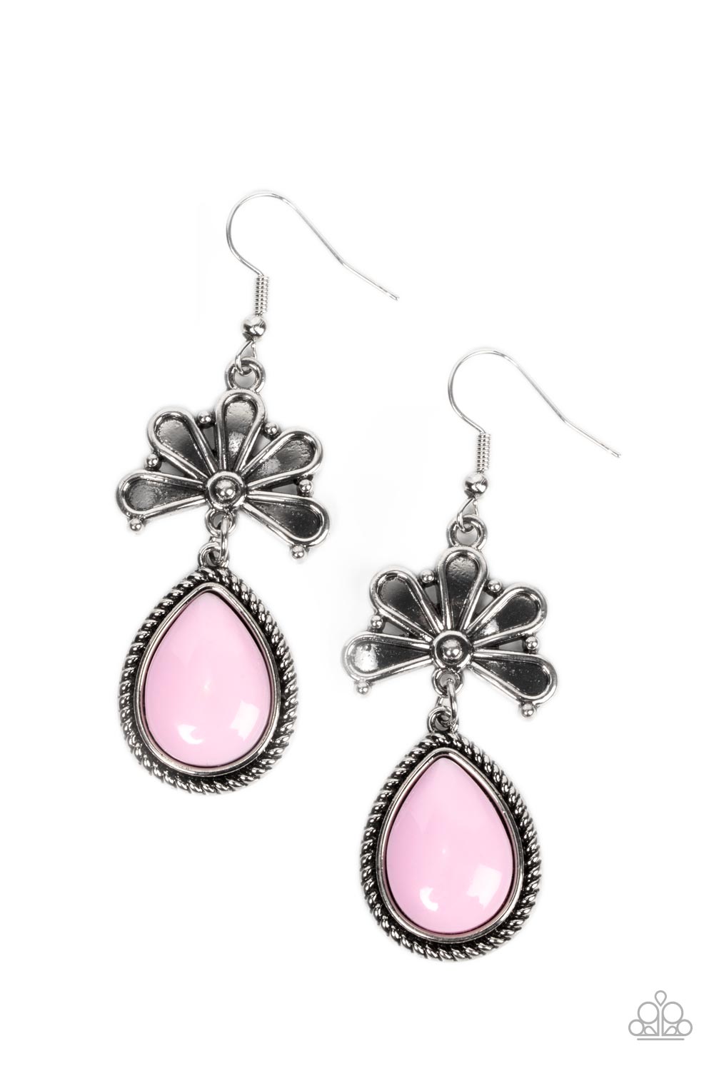 Bordered in a silver ropelike frame, a shiny pink teardrop bead swings from the bottom of an antiqued floral frame for a whimsical fashion. Earring attaches to a standard fishhook fitting. Sold as one pair of earrings.