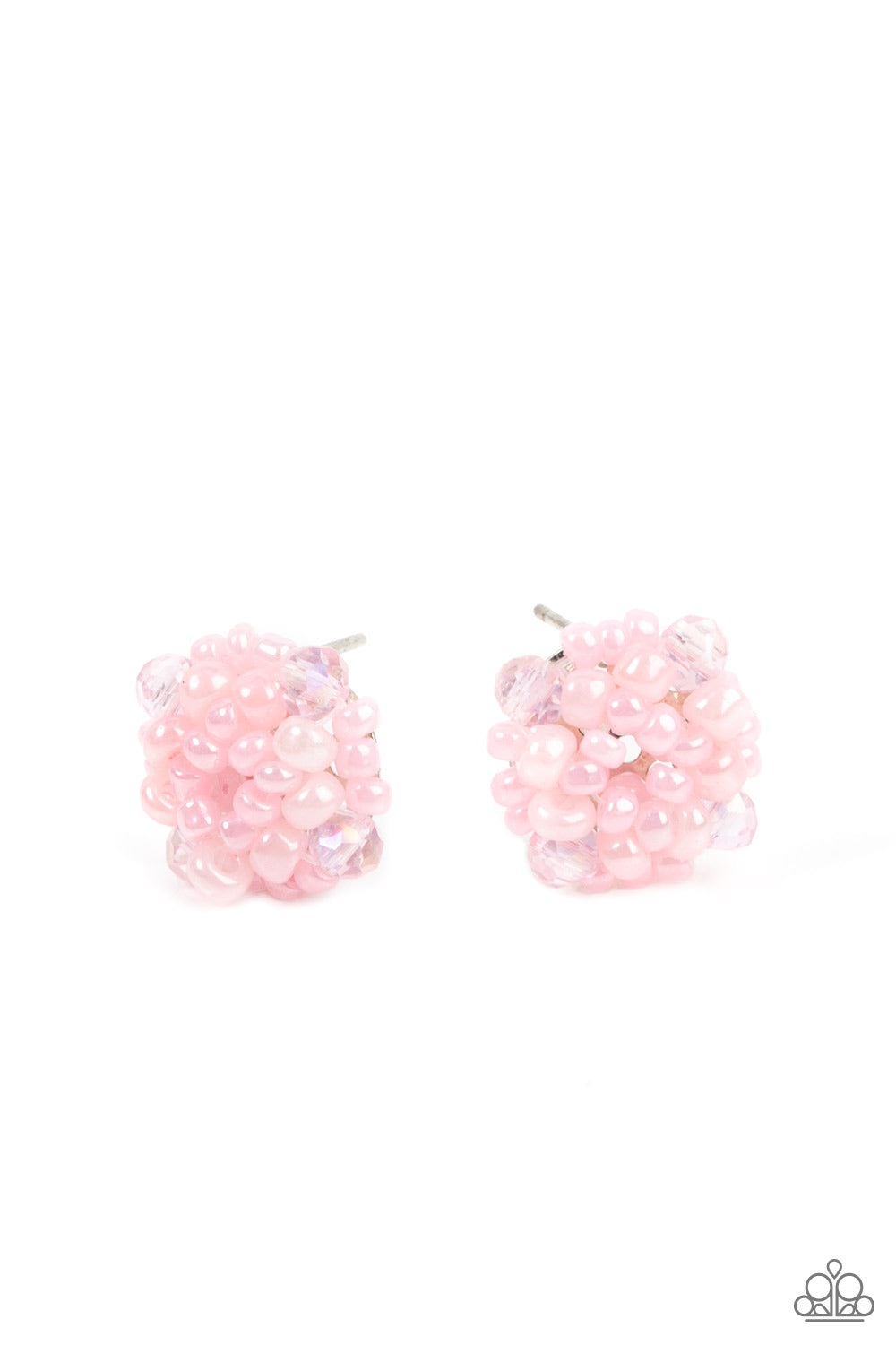 The front of a dainty silver frame is embellished in pearly pink seed beads and pink crystal-like accents, creating a bubbly pop of color. Earring attaches to a standard post fitting. Sold as one pair of post earrings.