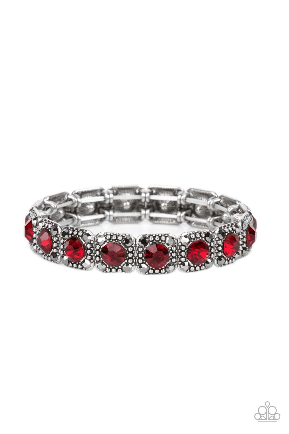 Dotted with oversized red rhinestone centers, the corners of silver studded frames are adorned in dainty hematite rhinestones as they glide along stretchy bands around the wrist for a sassy sparkle. Sold as one individual bracelet.