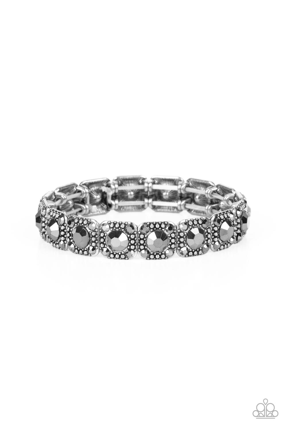 Dotted with oversized hematite rhinestone centers, the corners of silver studded frames are adorned in dainty hematite rhinestones as they glide along stretchy bands around the wrist for a sassy sparkle. Sold as one individual bracelet.