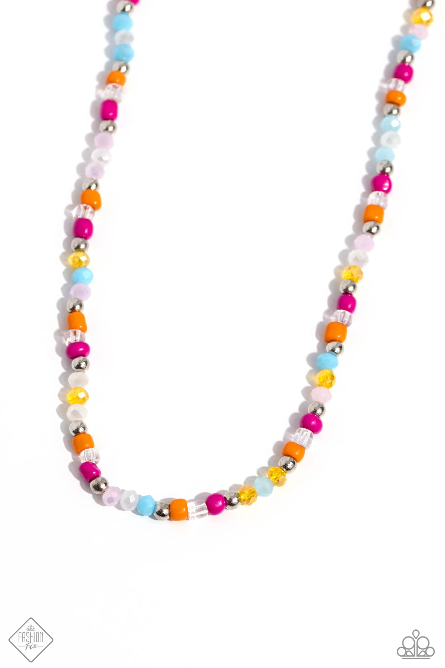 Infused along an invisible wire, a flashy faceted collection of glittery multicolored beads, multicolored seed beads, clear beads, and silver accents glide along the collar, creating a celebratory display of color. Features an adjustable clasp closure. Sold as one individual necklace. Includes one pair of matching earrings.