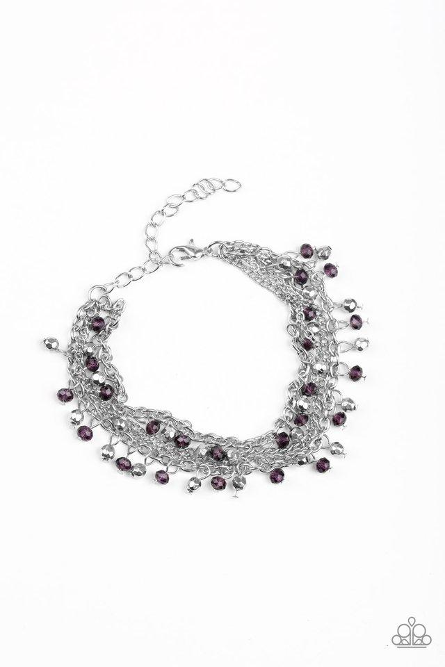 Dainty silver and purple crystal-like beads cascade from two shimmery silver chains. Infused with plain silver chains, the colorful strands layer around the wrist for a flirtatious look. Features an adjustable clasp closure.
Sold as one individual bracelet.
