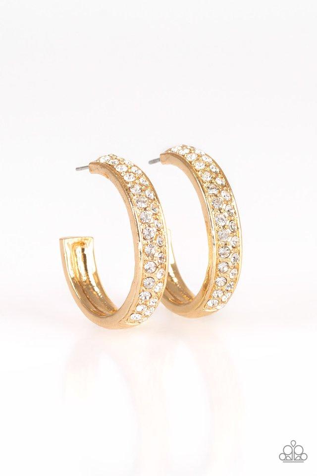 The front half of a thick gold hoop is encrusted in dazzling white rhinestones for a flawless look. Earring attaches to a standard post fitting. Hoop measures 1" in diameter. Sold as one pair of hoop earrings.