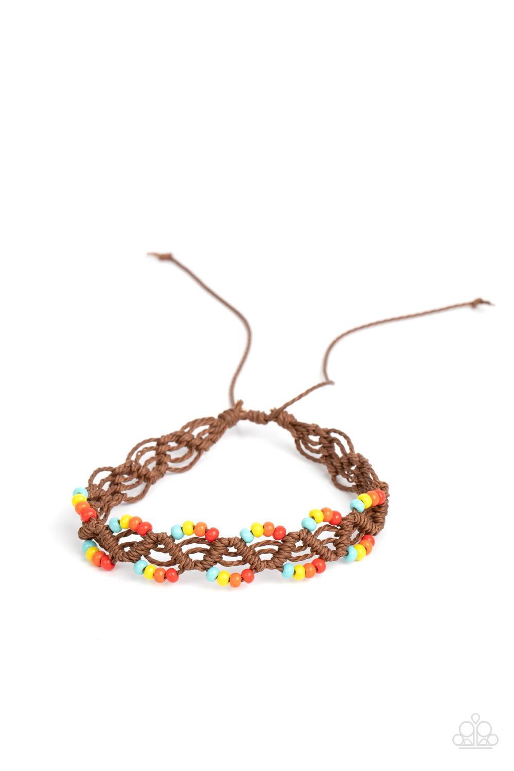 Dainty strands of twisted brown cording decoratively weaves into a net-like braid around the wrist. Sections of blue, yellow, orange, and red seed beads are threaded along the edges, creating colorful accents. Features an adjustable sliding knot closure. Sold as one individual bracelet.