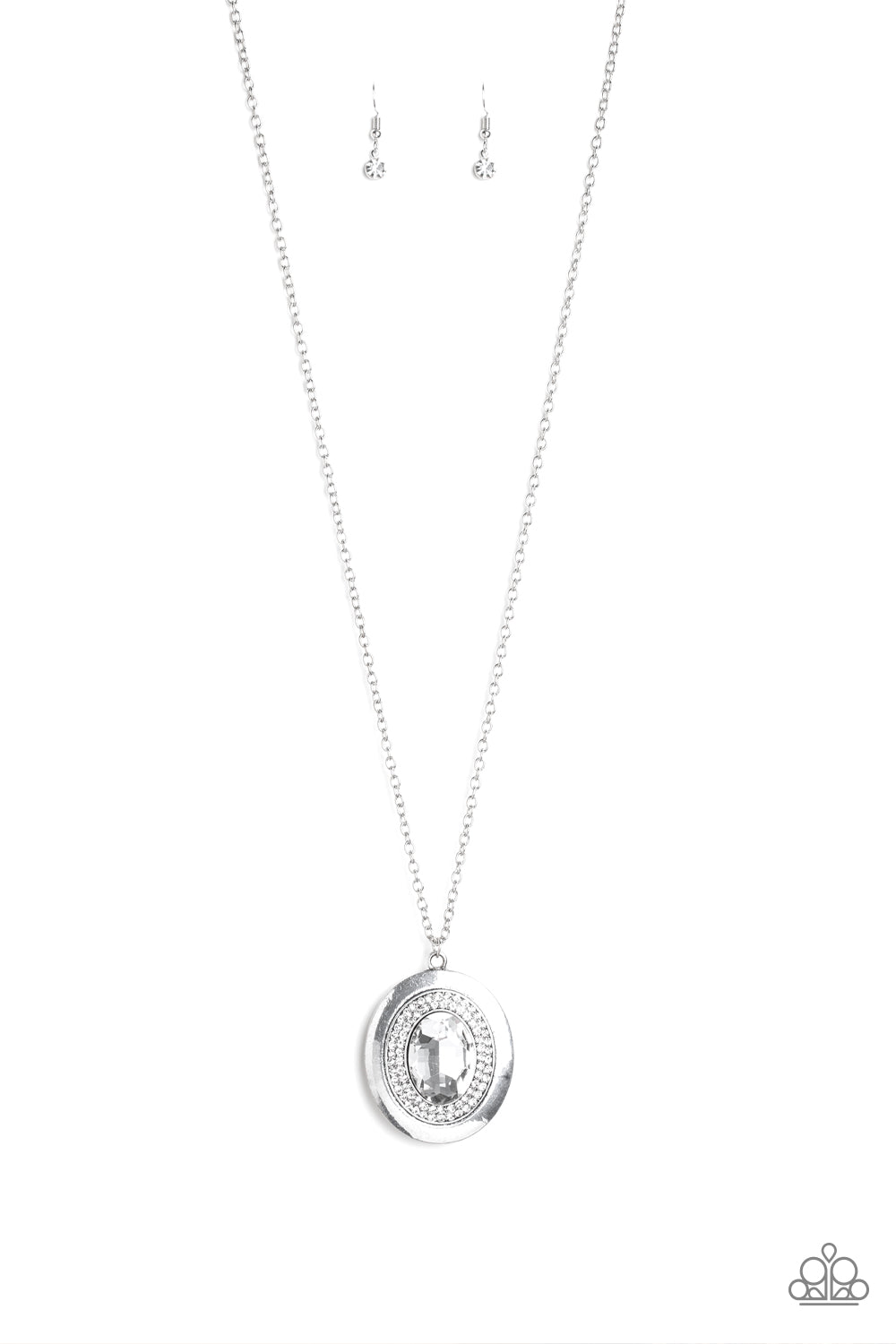 Encircled in rings of glassy white rhinestones, an oversized white gem is pressed into the center of a glistening silver frame, creating a glamorous pendant at the bottom of a lengthened silver chain. Features an adjustable clasp closure. Sold as one individual necklace. Includes one pair of matching earrings.