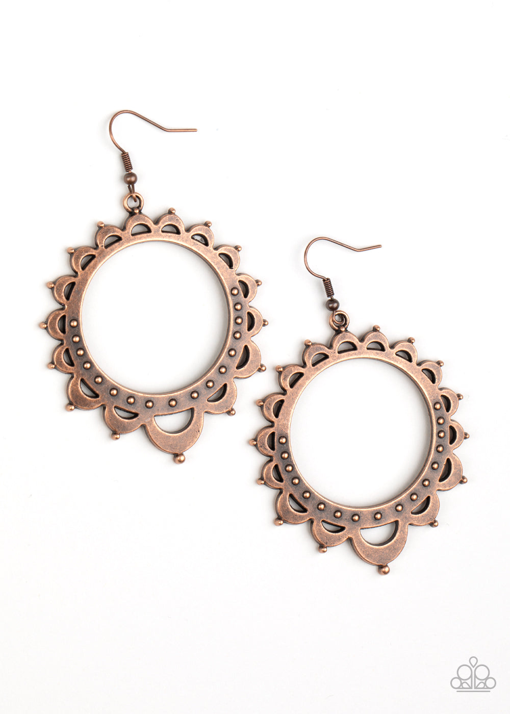 Studded petal-like frames radiate out from an antiqued brass hoop, coalescing into a whimsical sunburst. Earring attaches to a standard fishhook fitting. Sold as one pair of earrings.