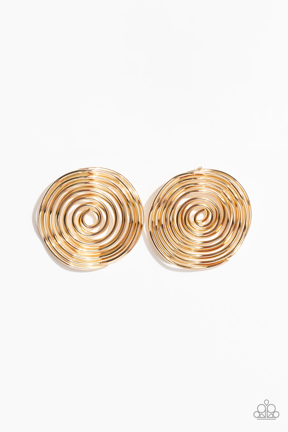 Glistening gold bars delicately bend and coil into a springy spiral, creating a dizzying frame. Earring attaches to a standard post fitting. Sold as one pair of post earrings.