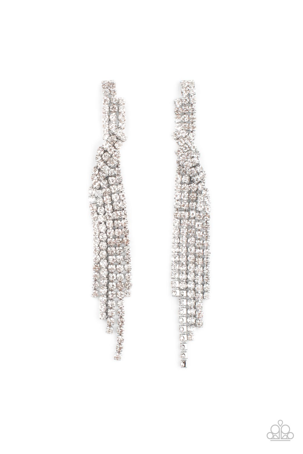 Encased in sleek silver fittings, dainty strands of glittery white rhinestones delicately overlap into a tapered tassel for a twinkly look. Earring attaches to a standard post fitting. Sold as one pair of post earrings.