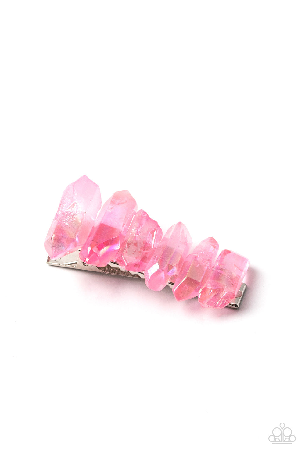 Raw cut iridescent rose quart crystals stack across the front of a rectangular silver frame, creating an ethereally earthy centerpiece. Features a standard hair clip on the back. Sold as one individual hair clip.