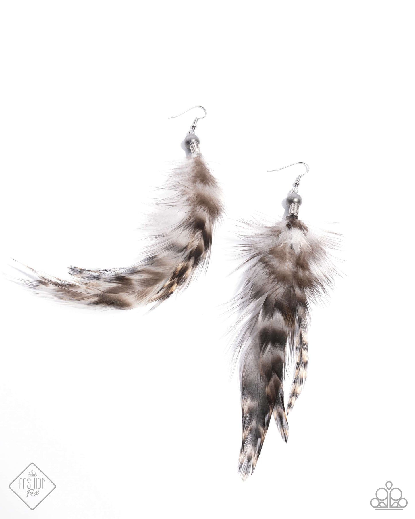 Fuzzy brown-striped feathers swing from the bottom of a reflective Navajo pearl, creating a refined, natural lure. Earring attaches to a standard fishhook fitting. Sold as one pair of earrings.