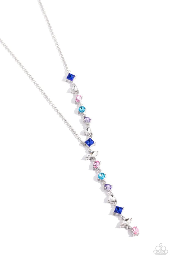 Featuring a pronged fitting, a collection of multicolored square-cut, heart, oval, round, and teardrop gems cascade down the neckline in a diagonal pattern, creating an intense, incandescent statement piece. Features an adjustable clasp closure. Sold as one individual necklace. Includes one pair of matching earrings.