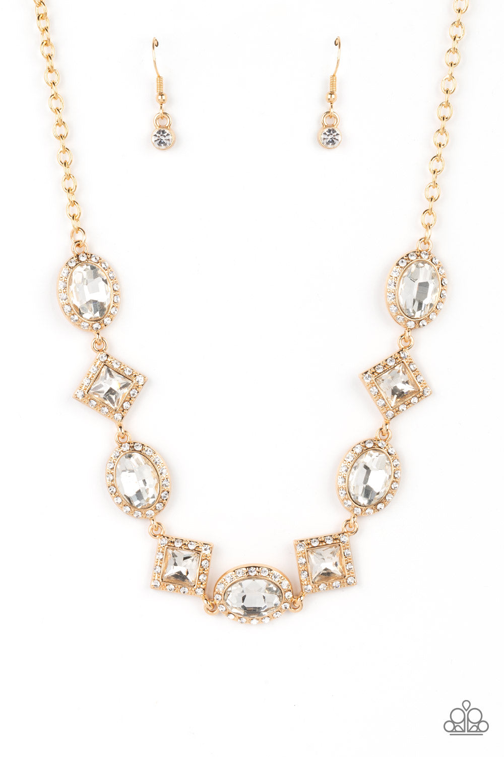 Dazzling white rhinestones, in both oval and square cuts, fall along the collar in an alternating pattern. Each gem is set against a backdrop of gold and bordered by tiny white rhinestones, amplifying their sparkle. In a dramatic finish, the square-cut gems are tilted on a point to maximize their impact. Features an adjustable clasp closure. Sold as one individual necklace. Includes one pair of matching earrings.