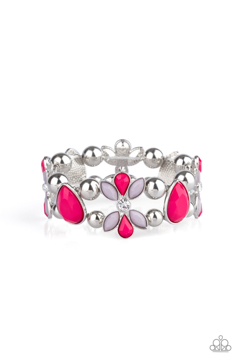 Featuring pink and Paloma beaded petals, white rhinestone dotted floral frames, shiny silver beads, and faceted pink teardrop beads are threaded along stretchy bands around the wrist for a glamorous look. Sold as one individual bracelet.