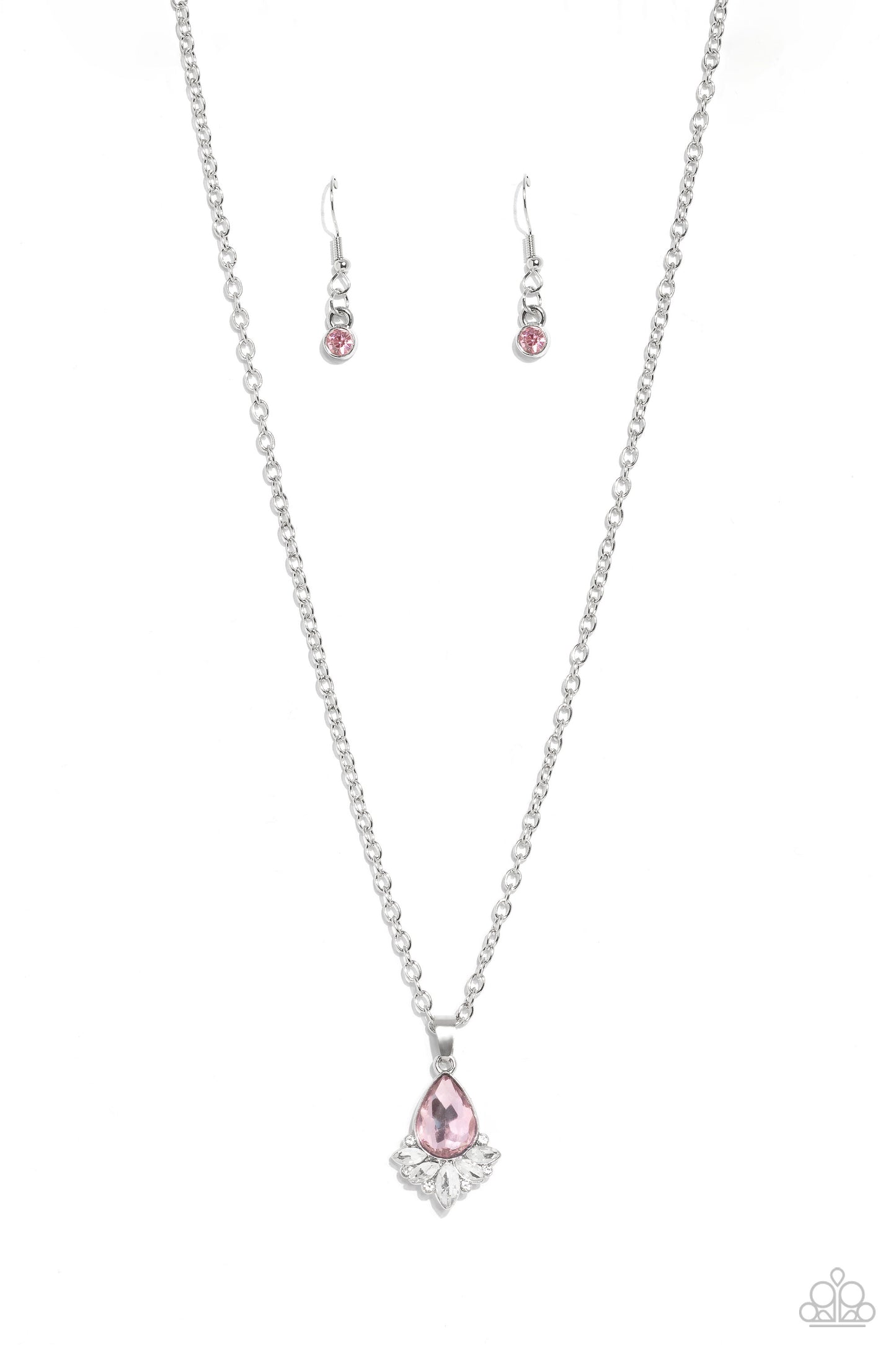 Expanding out from a solitaire pink teardrop gem, a fringe of dainty marquise-cut and round-cut white gems and rhinestones shimmers and shines for a refined display of elegance. Features an adjustable clasp closure. Sold as one individual necklace. Includes one pair of matching earrings.