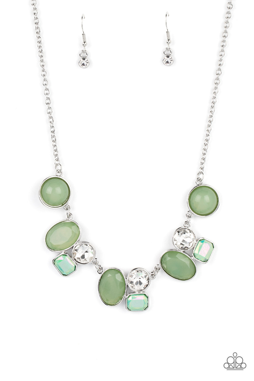 Opaque Basil beads in perfectly polished circles and faceted ovals are pressed into silver frames as they connect with exaggerated classic white rhinestones stacked above emerald cut iridescent gems to create an intricate geometric display. Features an adjustable clasp closure. Due to its prismatic palette, color may vary. Sold as one individual necklace. Includes one pair of matching earrings.