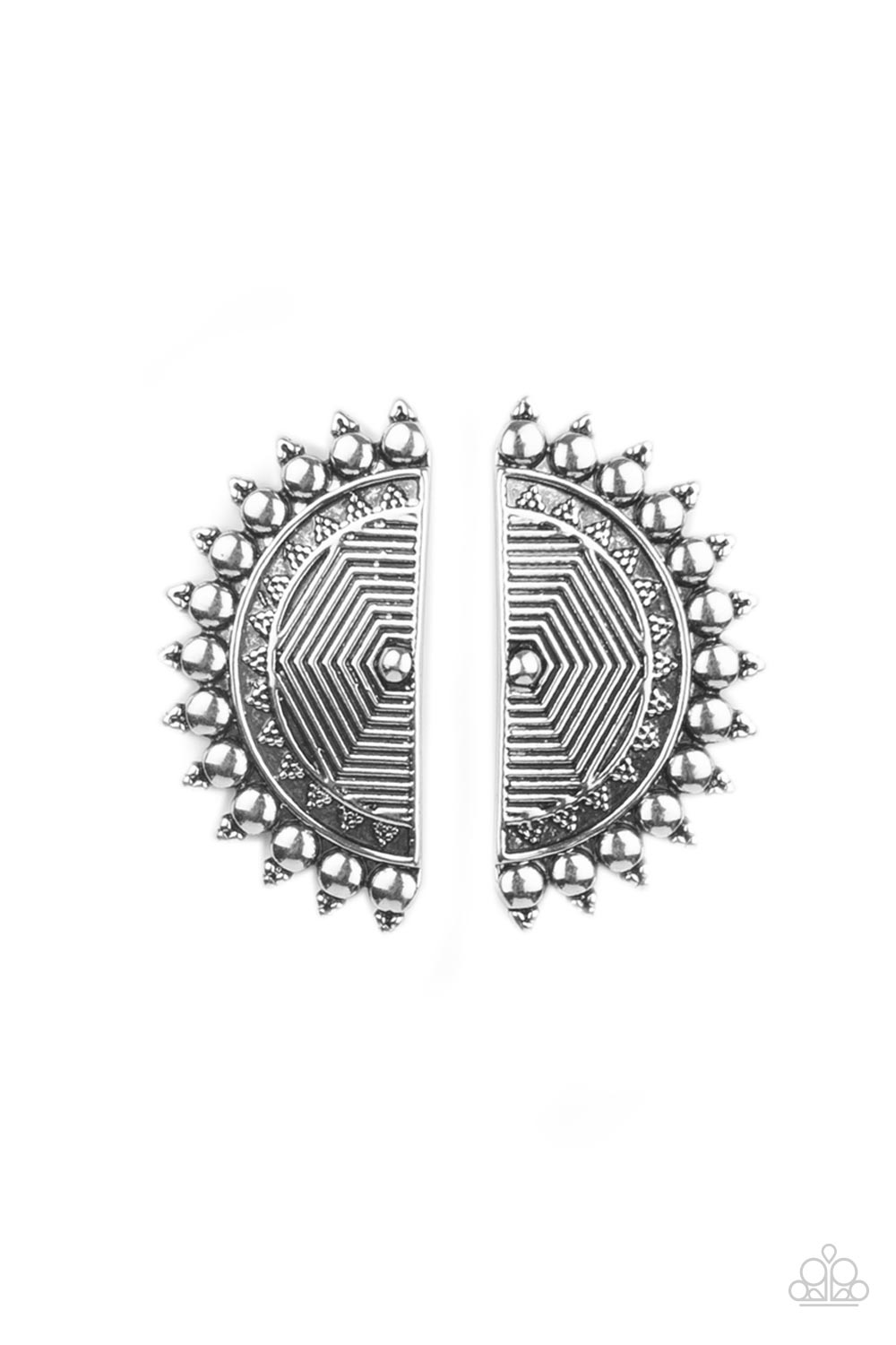 Tipped with triangular accents, flat silver studs fan out from the edge of a half moon frame embossed in antiqued linear texture, creating a bold tribal inspired display. Earring attaches to a standard post fitting. Sold as one pair of post earrings.