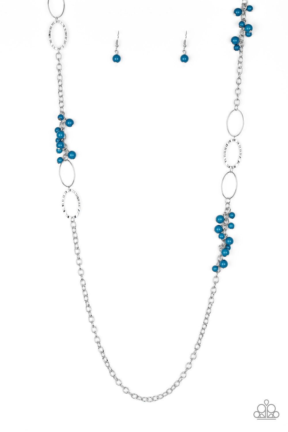 Smooth and hammered silver rings join clusters of refreshing blue beads along a shimmery silver chain for a colorful look. Features an adjustable clasp closure. Sold as one individual necklace. Includes one pair of matching earrings.