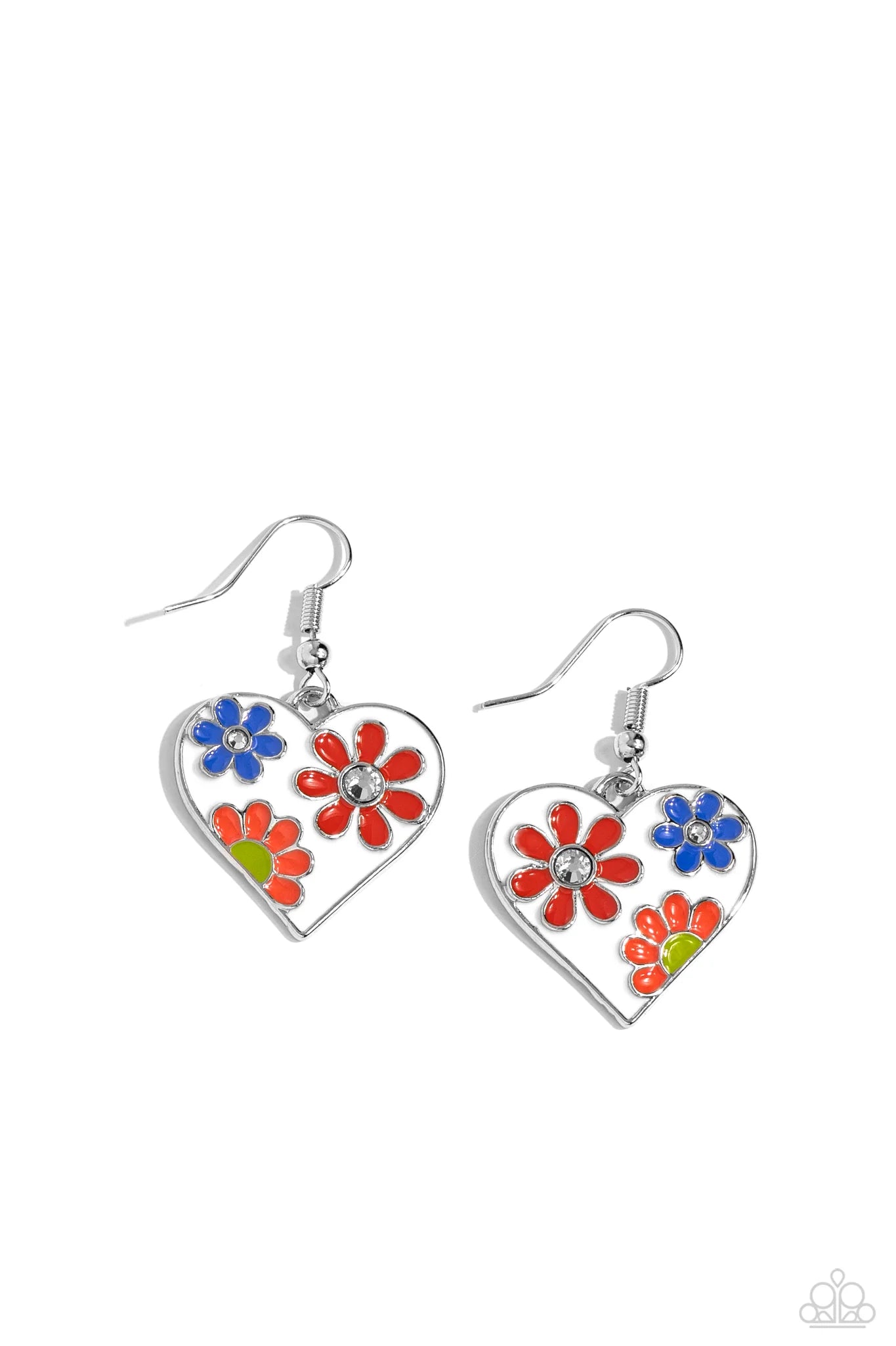 A colorful floral pattern of Burnt Sienna, coral, and Persian Jewel flowers with white rhinestone centers, and a Leek Green center is painted across the front of a white-painted heart backdrop, creating a colorful statement lure. Earring attaches to a standard fishhook fitting. Sold as one pair of earrings.