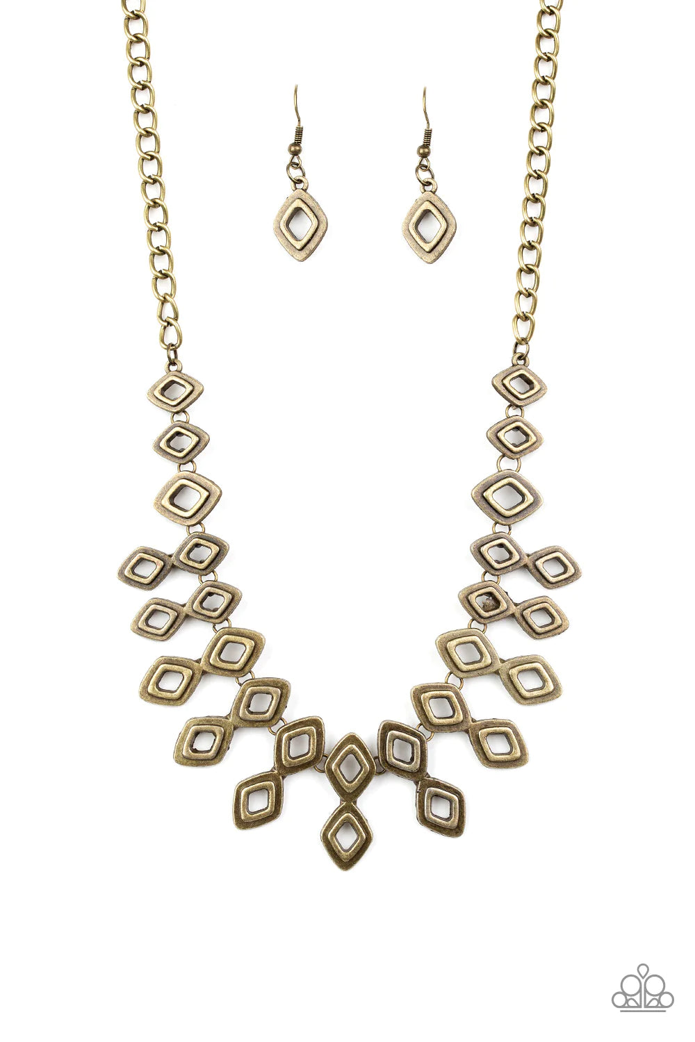 Brushed in an antiqued shimmer, glistening diamond-shaped brass frames link below the collar, coalescing into an edgy geometric fringe. Features an adjustable clasp closure. Sold as one individual necklace. Includes one pair of matching earrings.
