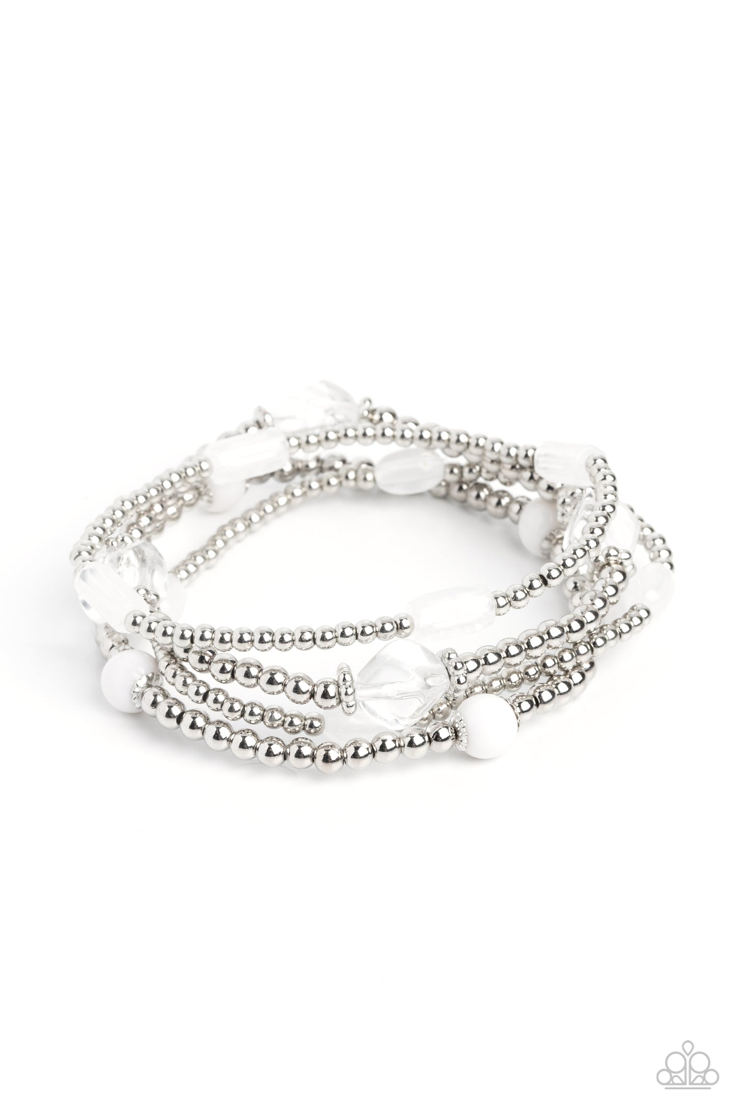 Dainty silver beads, silver accents, and white acrylics in milky, transparent, and solid shades wrap around the wrist on elastic stretchy bands for a colorfully geometric display.
Sold as one set of four bracelets.